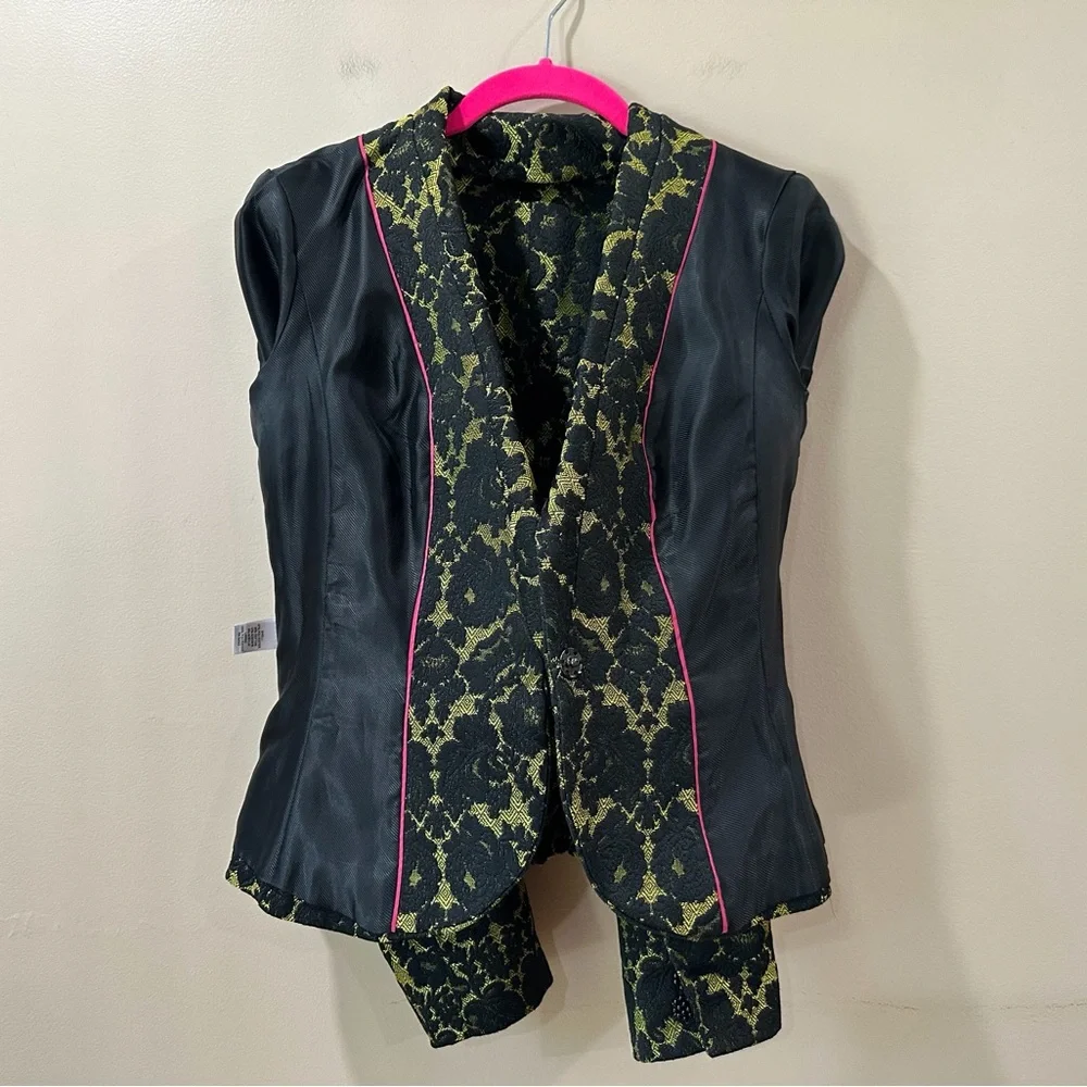 Banana Republic L’Wren Scott Blazer Bright Celery Black Floral Jacquard Peplum 2 - Picture 4 of 11